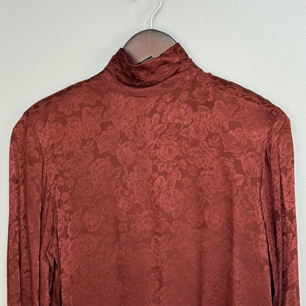 Anne Klein II Blouse Women 8 Burgundy Silk Floral Jacquard Mock Neck Vintage - Picture 4 of 13